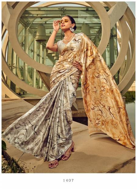 Silver And Gold Colour Satin Digital 1400 Series By Rajtex Satin Crepe Casual Wear Saree Wholesale In Delhi 1407